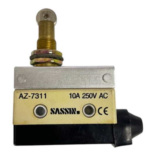 SASSIN AZ-7311 10A 250V AC contactor coil with a brass terminal, silver metal casing, and a black plastic base on a white background.