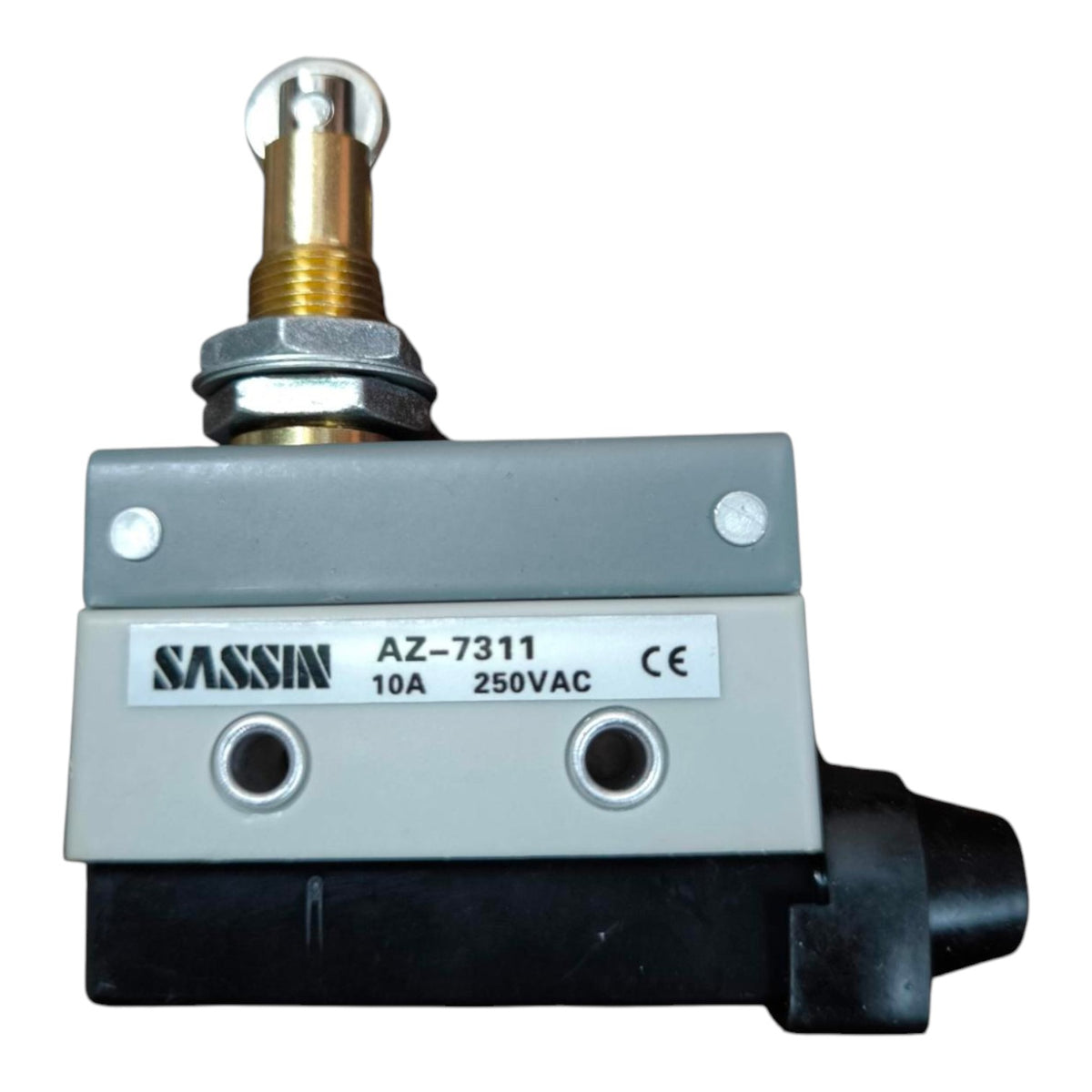 A SASSIN AZ-7311 electromagnetic valve solenoid, featuring a gray metal body, a black plastic base, a brass screw post with a glass bulb, and a black connector, shown on a white background.