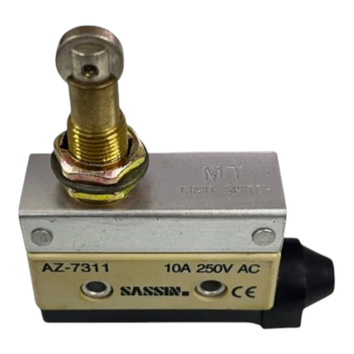 SASSIN AZ-7311 10A 250V AC limit switch with a silver metal body, brass limit post, and black plastic end cap, shown on a white background.