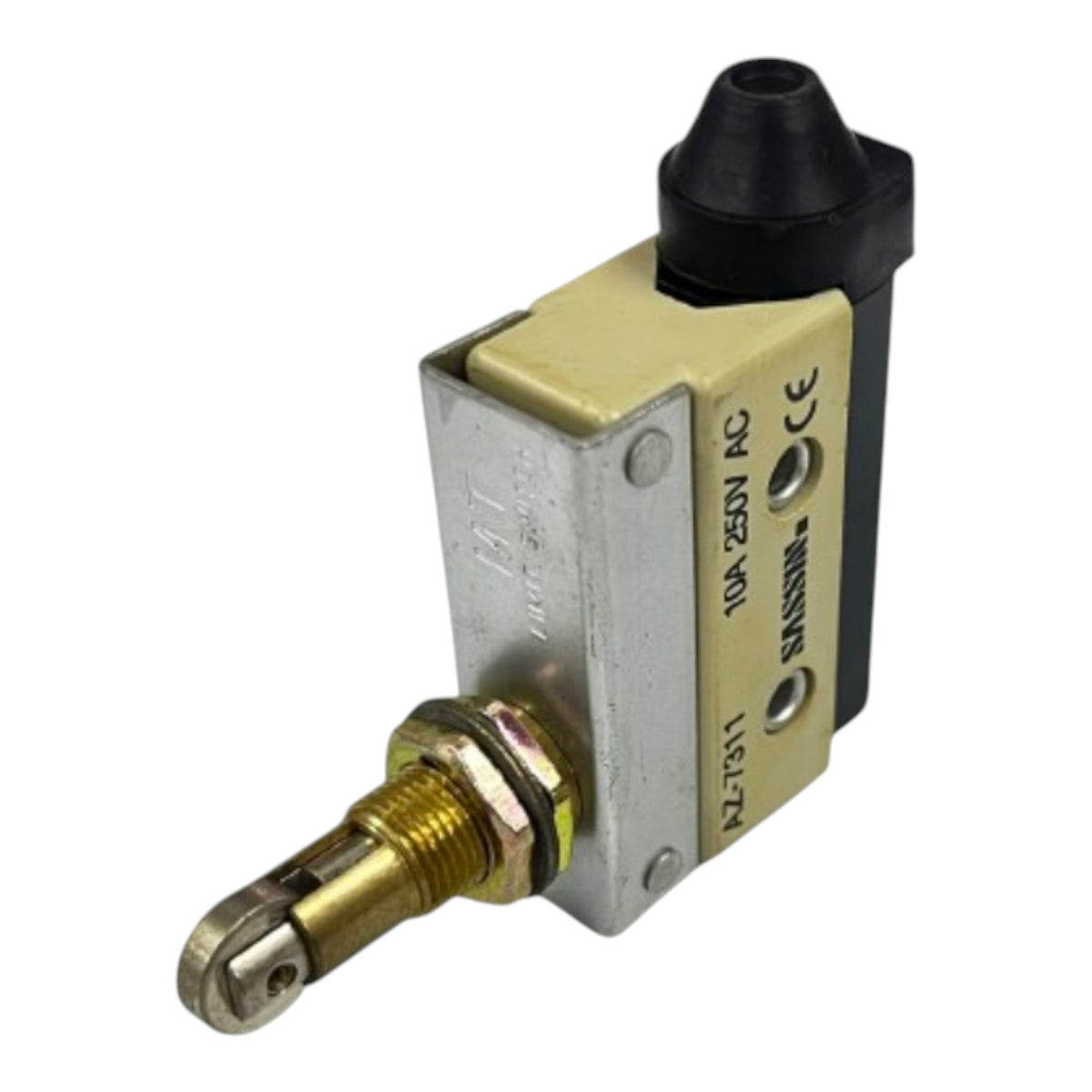 A small industrial electrical contactor or relay switch with a silver metal body, a black plastic top terminal, a brass-colored front contact post with a hex nut, and a beige heat-shrink-covered side housing, shown on a plain white background.
