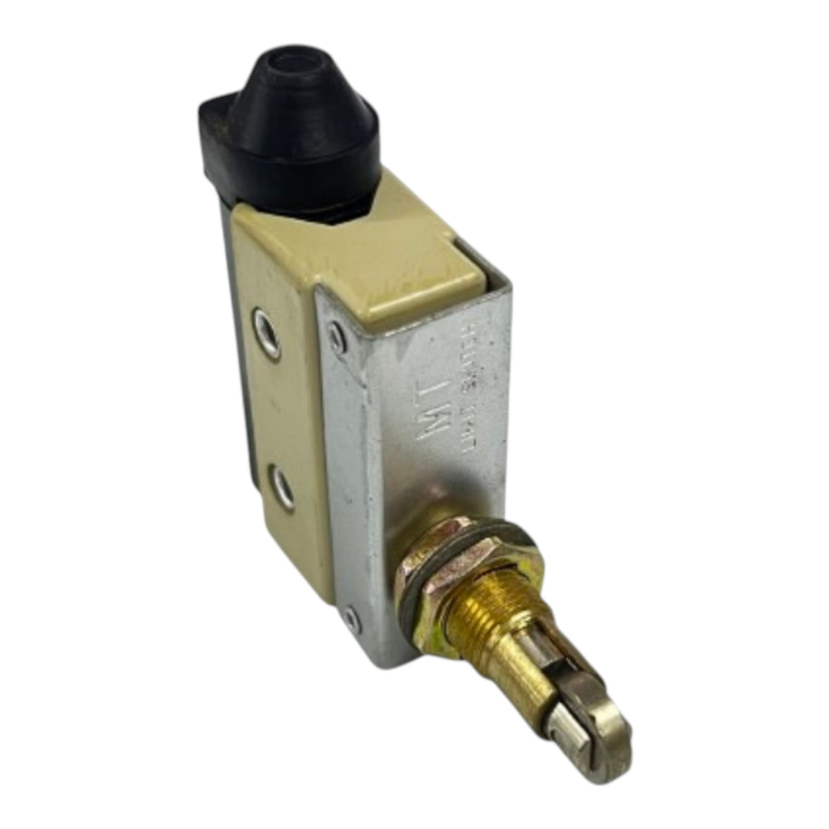 A small industrial solenoid valve with a black plastic top cap, a beige plastic side cover, a silver metal body, and a brass threaded connector with a metal tip, shown on a plain white background.