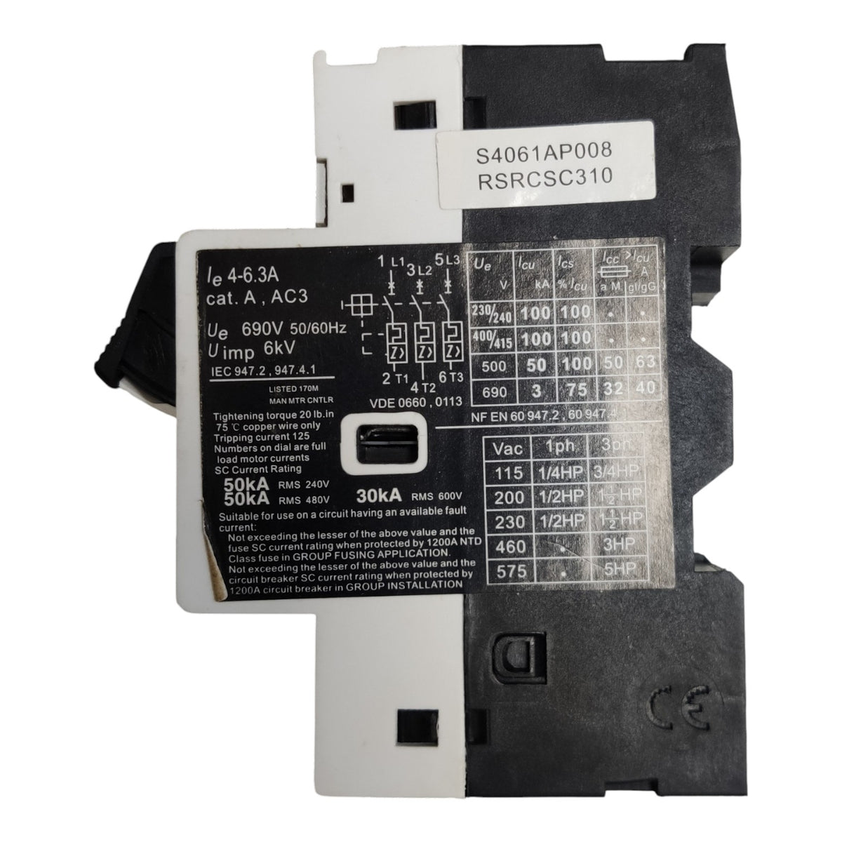 Electrical breaker with technical specifications on a white background