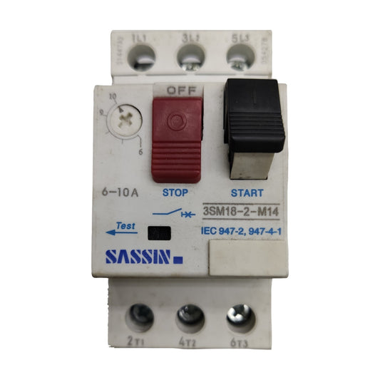 Sassin electrical starter with red and black buttons on a white background