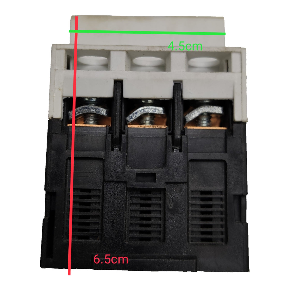 Electrical contactor with measurement markings on a white background