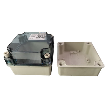 Two electronic enclosures, one with a clear cover and one plain, on a white background.