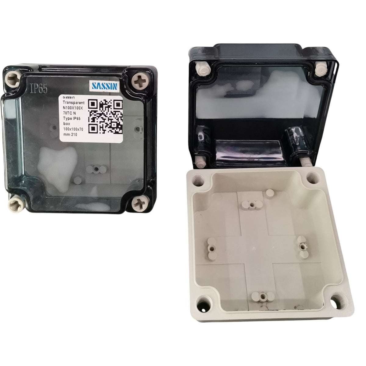 Two electronic enclosures with a SANSIN label and QR code on a white background