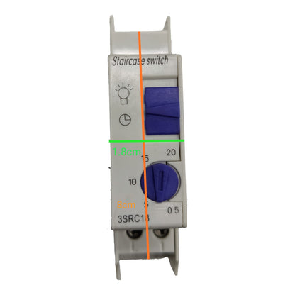 A white plastic miniature staircase electrical switch with blue lever components, overlaid with dimension lines showing 1.8cm, 8mm, and 20mm.