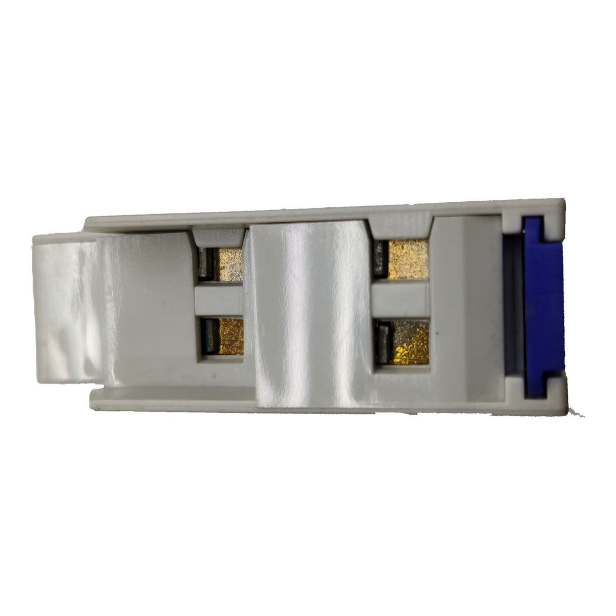 A close-up of a rectangular electronic component or connector with a light gray plastic housing, gold-colored metallic contacts, and a blue accent piece on the right side, shown against a plain white background.