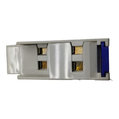 A close-up of a rectangular electronic component or connector with a light gray plastic housing, gold-colored metallic contacts, and a blue accent piece on the right side, shown against a plain white background.