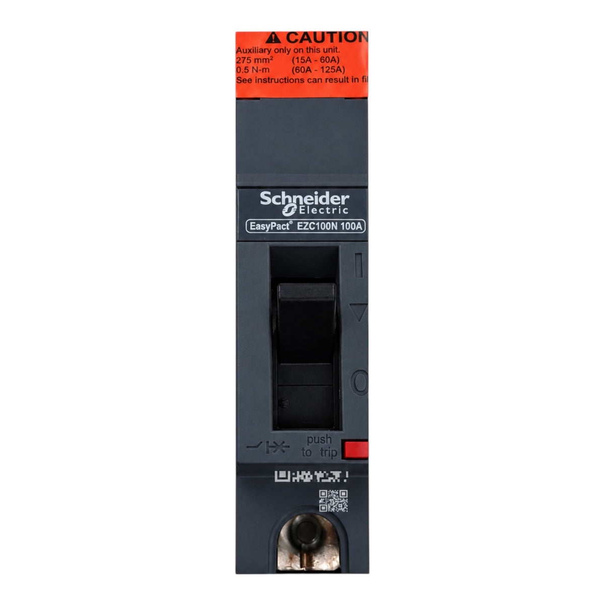 Schneider Electric EasyPeck EZ-Connect 100A circuit breaker with a black housing, orange warning label, and red reset button, shown vertically on a white background.