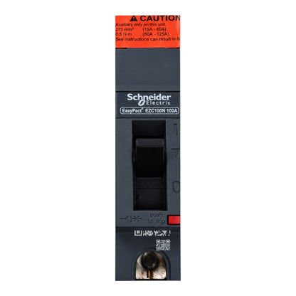 Schneider Electric EasyPeck EZ-Connect 100A circuit breaker with a black housing, orange warning label, and red reset button, shown vertically on a white background.