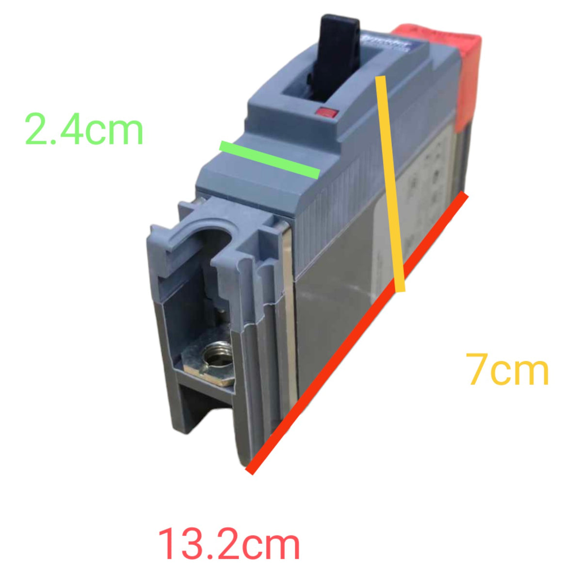 A gray electrical component with a red top section and black switch, shown on a white background with green, yellow, red, and orange dimension labels reading 2.4cm, 7cm, 13.