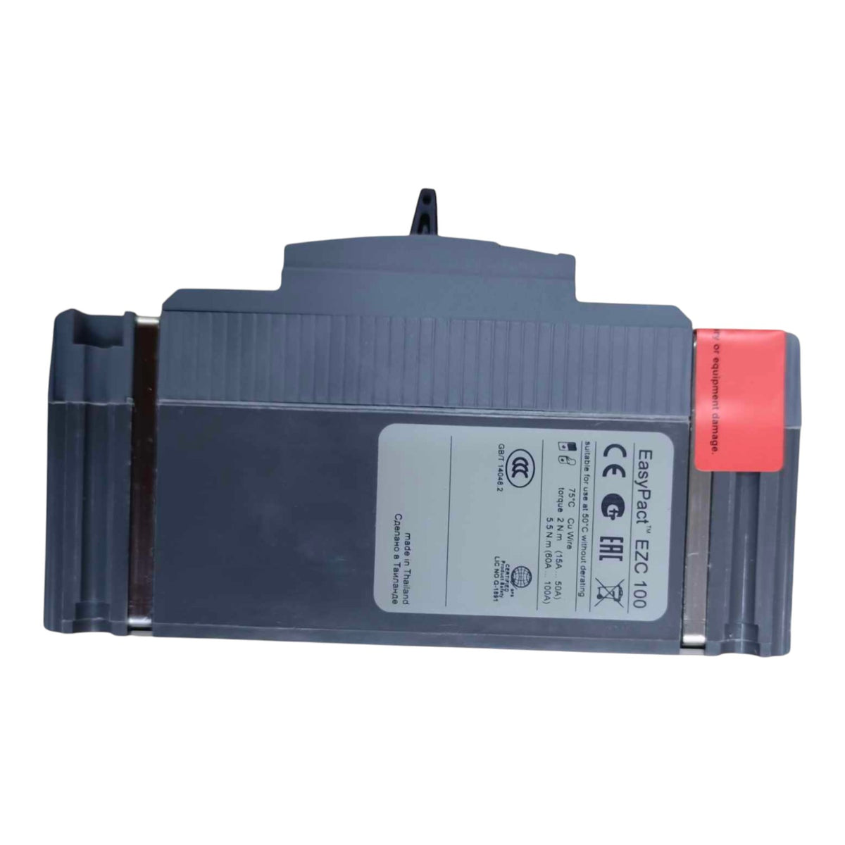 A Siemens EASYPLUG E2C 100 modular electrical connector module, featuring a dark gray housing, a white product information label, and a red safety tag on the side.