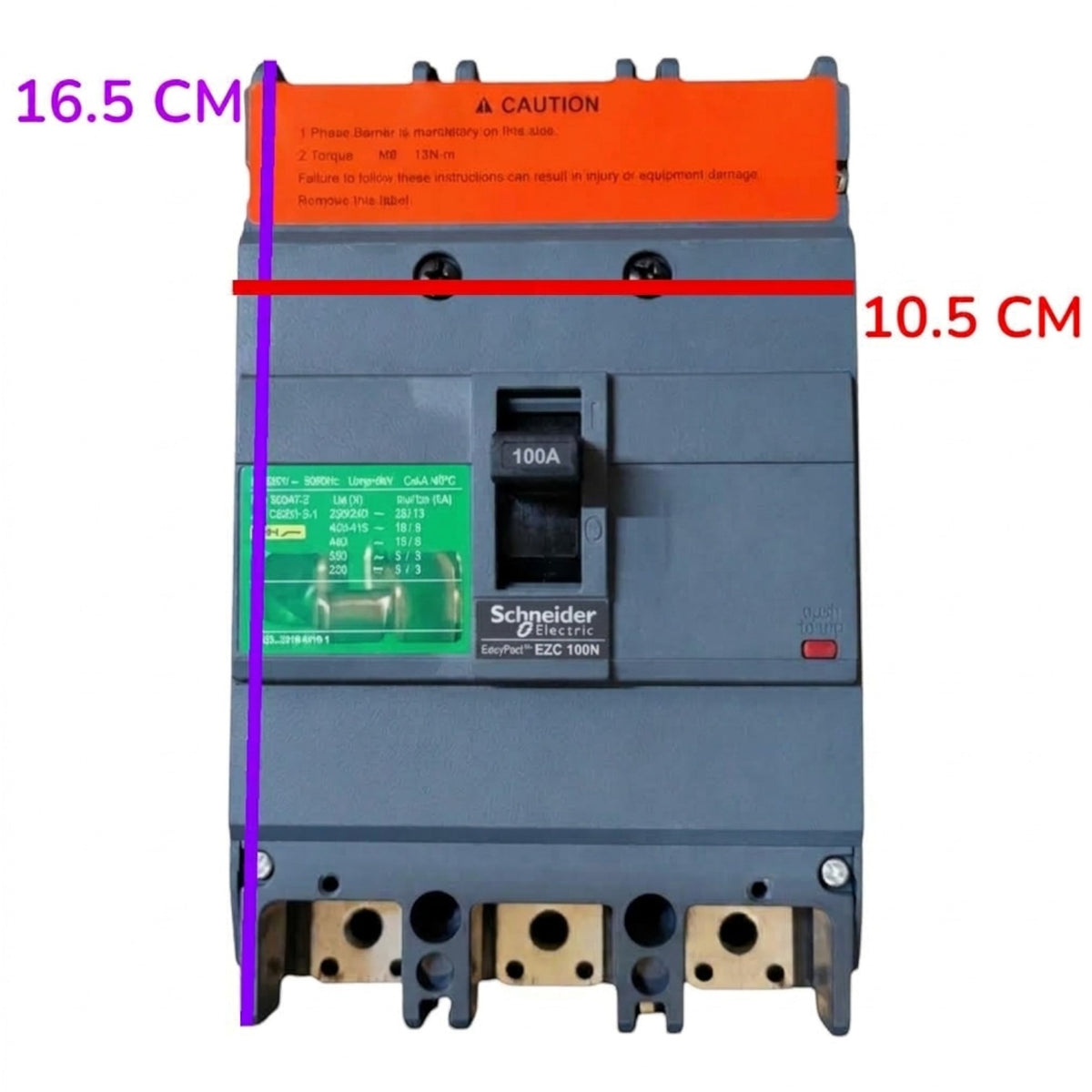 Schneider Electric E2C 100N circuit breaker with dimension overlays showing 16.5 cm height and 10.