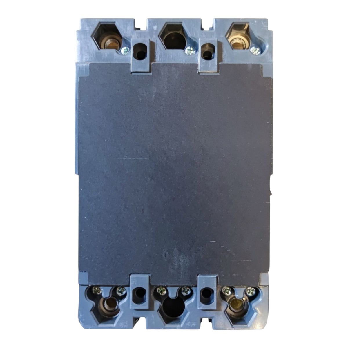 A heavy-duty electrical contactor or relay component with a dark gray central body and a light blue-gray plastic housing, featuring brass terminal screws at the top and bottom, shown against a plain white background.