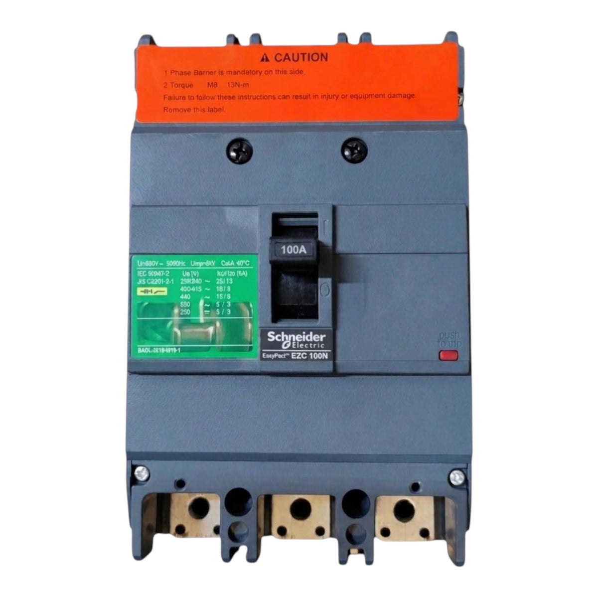 Schneider Electric ESD 100N circuit breaker with a dark gray body, orange top handle cover, green technical label, and black switch, shown on a white background.