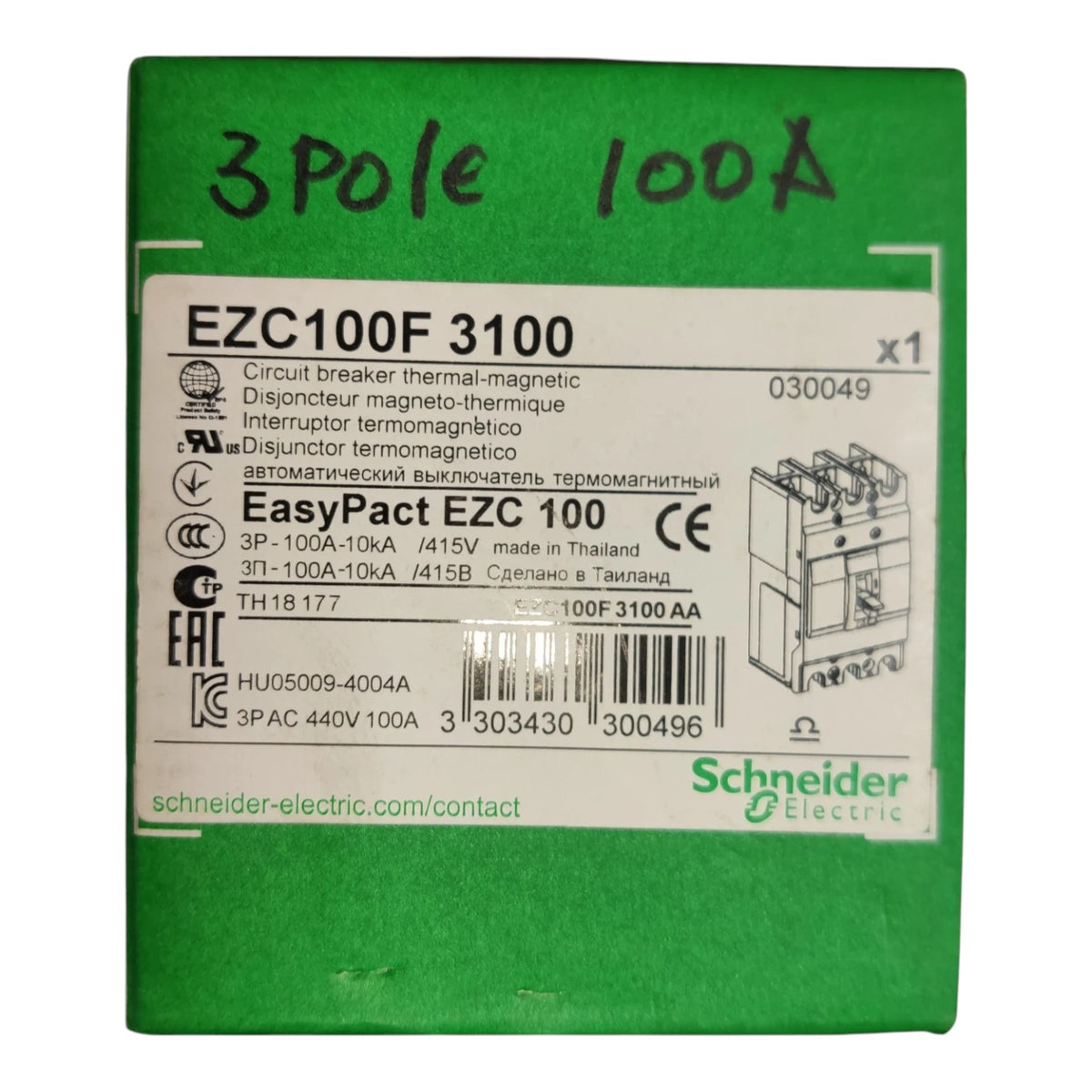 Schneider 100A 3Pole 5KAIC 220V 100AF Industrial Circuit Breaker Type MCCB Molded Case Circuit Breaker Easy Pact EZC100F3100 I Electx Electrical Supply