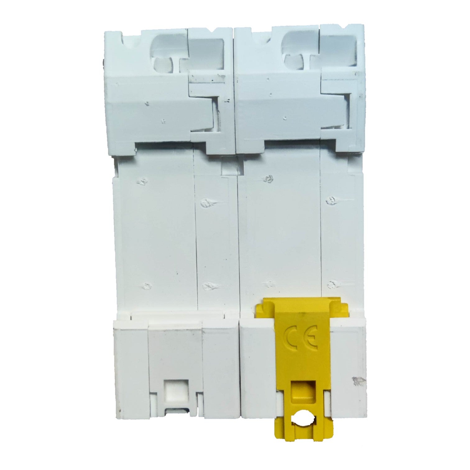 Electrical breaker panel with a yellow switch on a white background