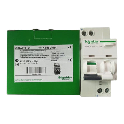 Schneider Electric 1PN+N C10-30mA circuit breaker shown next to its green retail packaging box on a white background.