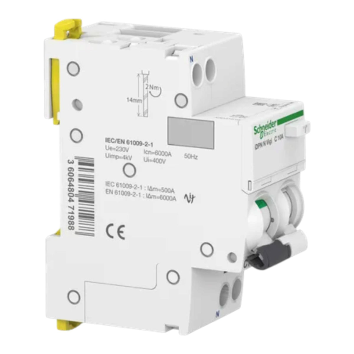 Schneider Electric DIN N 63A C 16A modular electrical circuit breaker module, model 6064601-1, featuring a white plastic housing with yellow and green accents.