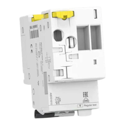 A white electrical circuit breaker module with yellow test switches and gray internal components, shown on a plain white background.