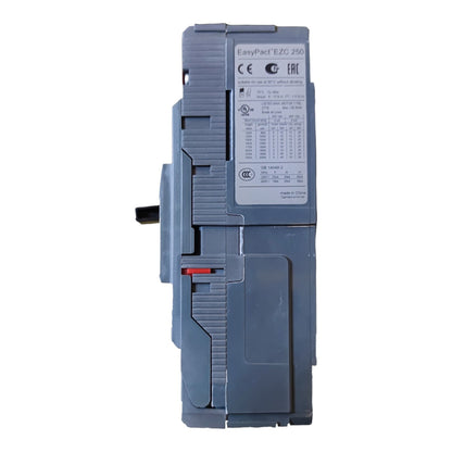 A Siemens EasyPart E70 250 modular electrical contactor module, shown vertically against a plain white background. The device is primarily gray with a white technical specification label on the upper right and a small red switch lever on the lower left.