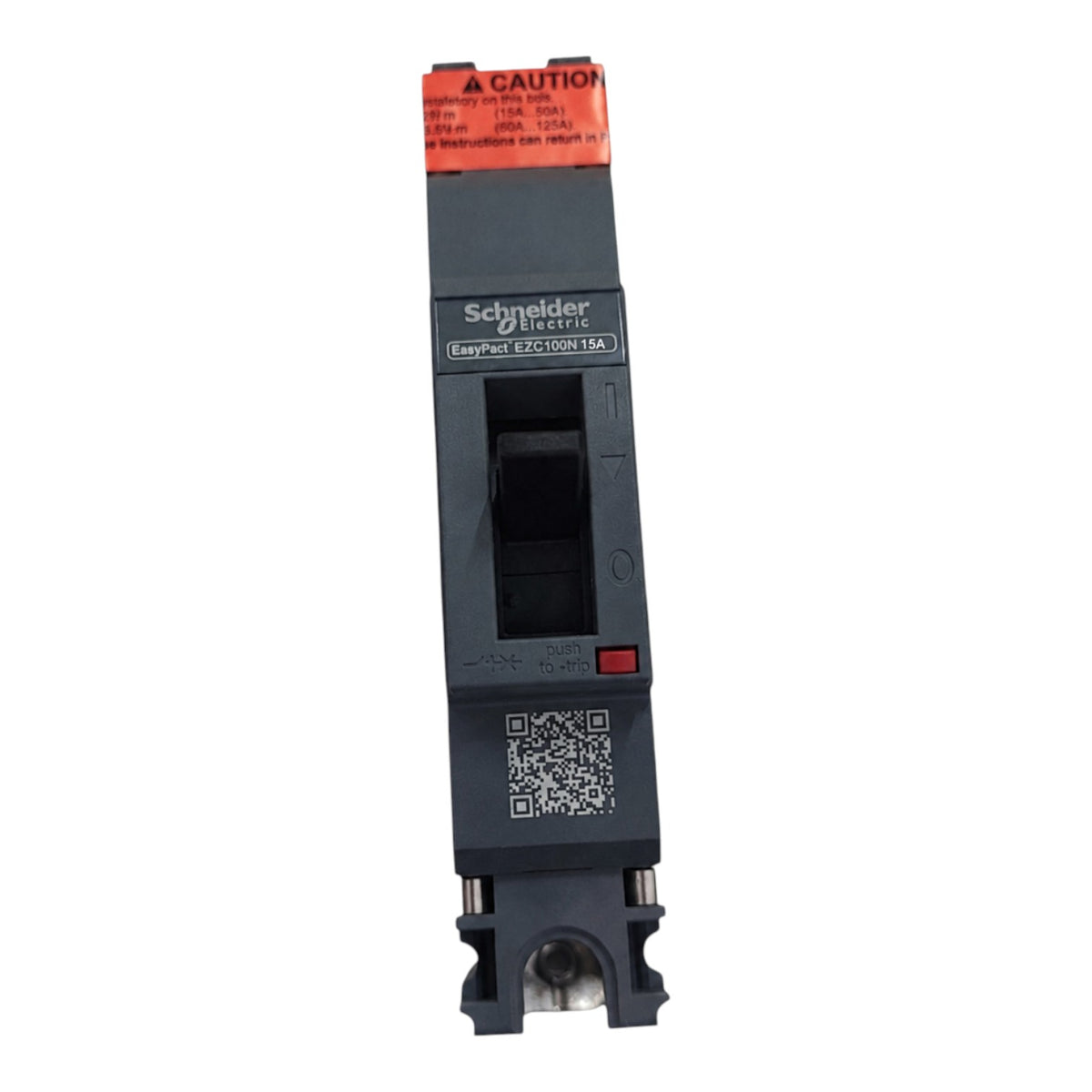 Schneider Electric circuit breaker module with a dark gray body, orange warning label at the top, and a QR code near the bottom, shown on a plain white background.