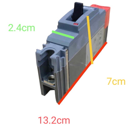 A gray electrical component with overlaid dimension lines and text showing measurements: 2.4cm, 7cm, and 13.