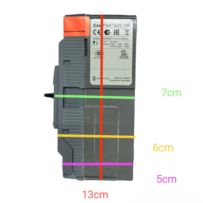 A gray industrial electronic module with overlaid dimension lines and text showing measurements: 7cm, 6cm, 5cm, and 13cm, on a plain white background.