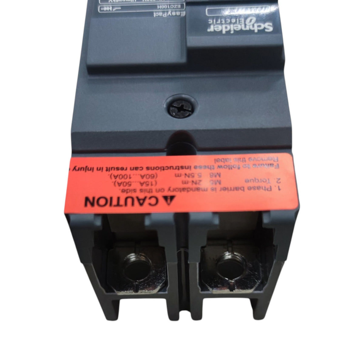 Schneider Electric 1-pole circuit breaker with a black plastic housing and a prominent orange-red warning label on the front.
