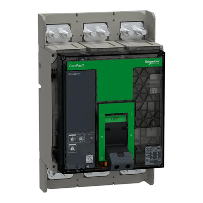 Schneider ComPacT electrical contactor with a gray metal housing, green internal components, and three terminal knobs on top, shown on a white background.