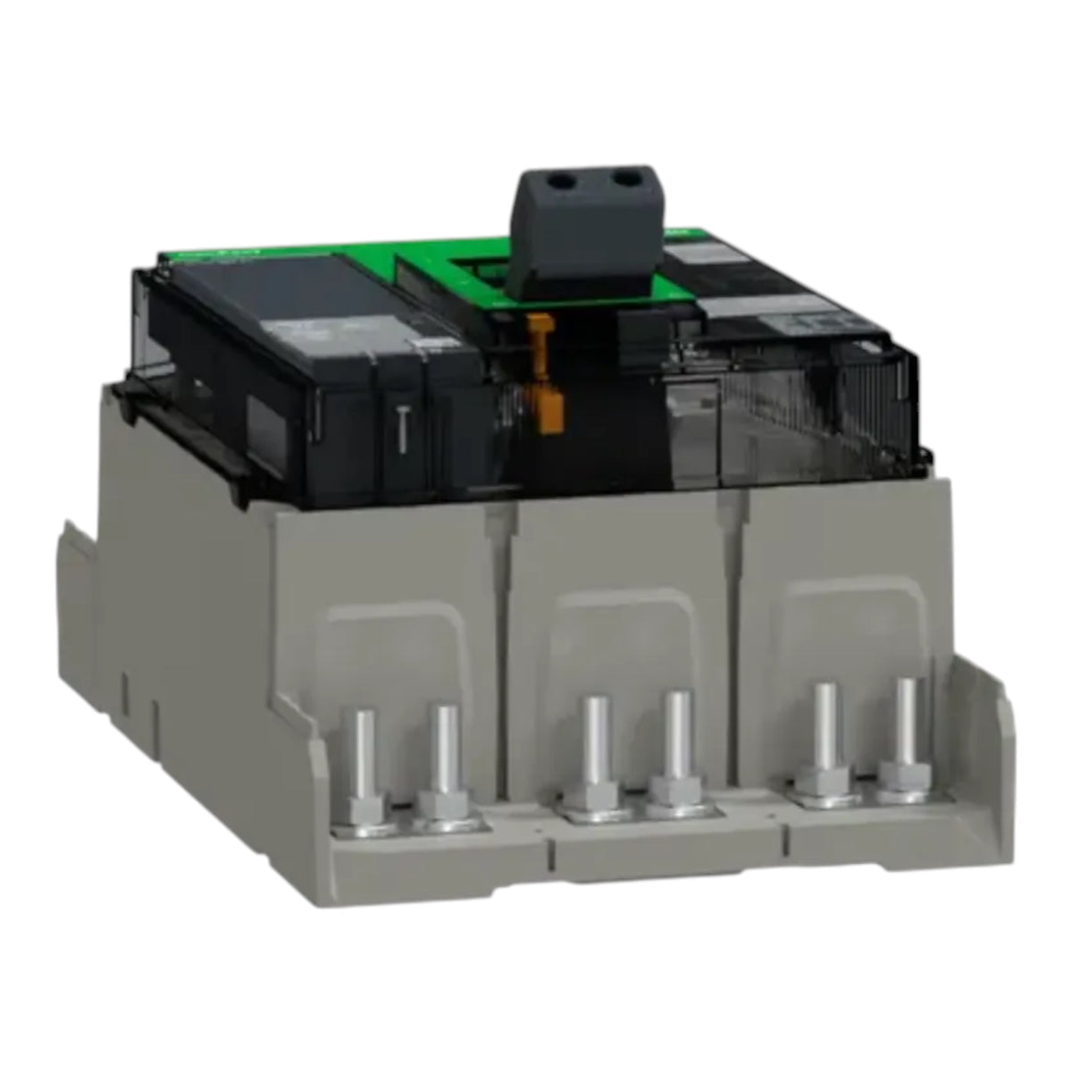 An industrial electrical component, likely a modular contactor or relay module, featuring a gray plastic base with terminal posts, black internal components, and a green circuit board on top, isolated on a white background.