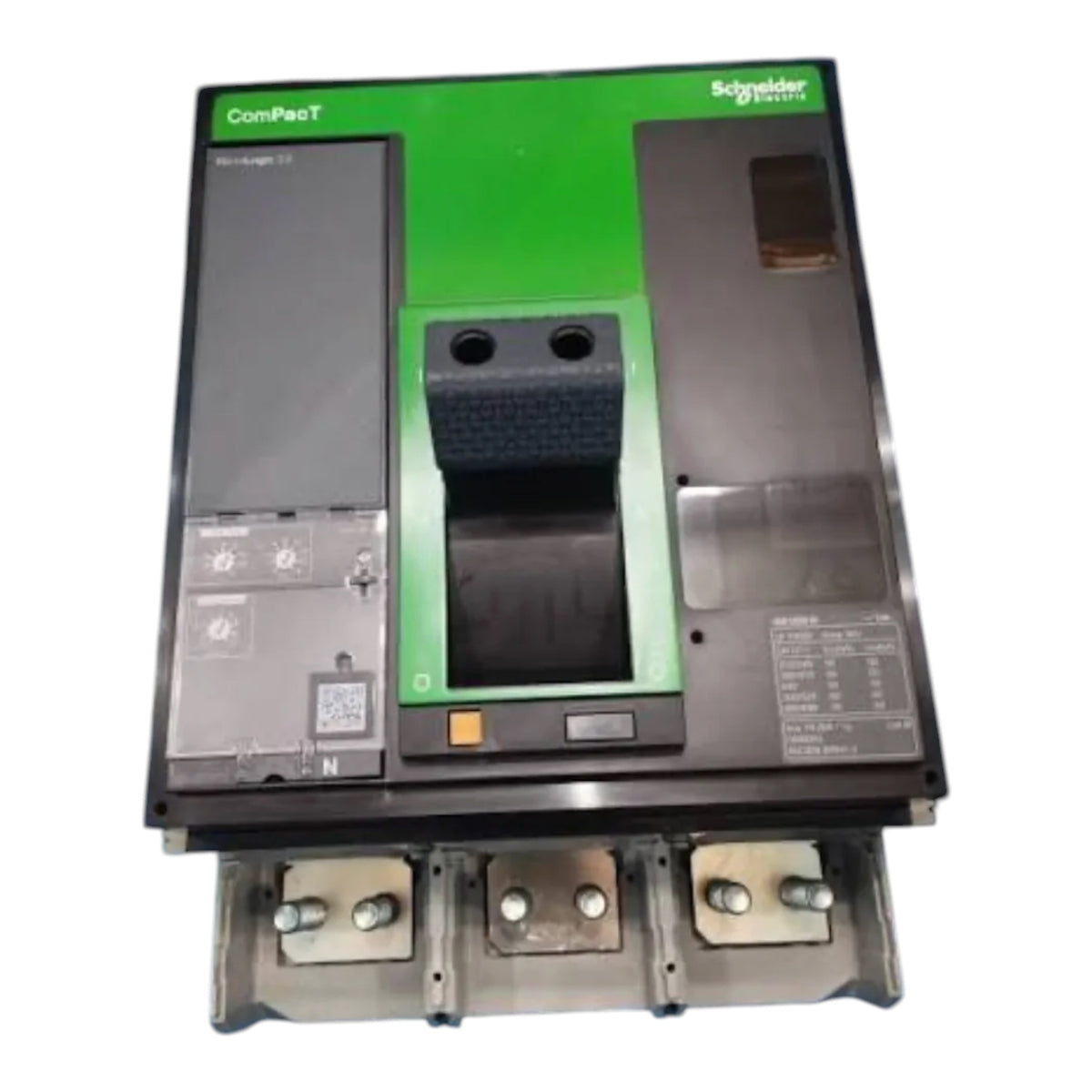 A Schneider ComPeoT electrical switch component, featuring a dark gray housing with a prominent green top panel and a central black handle, isolated on a white background.