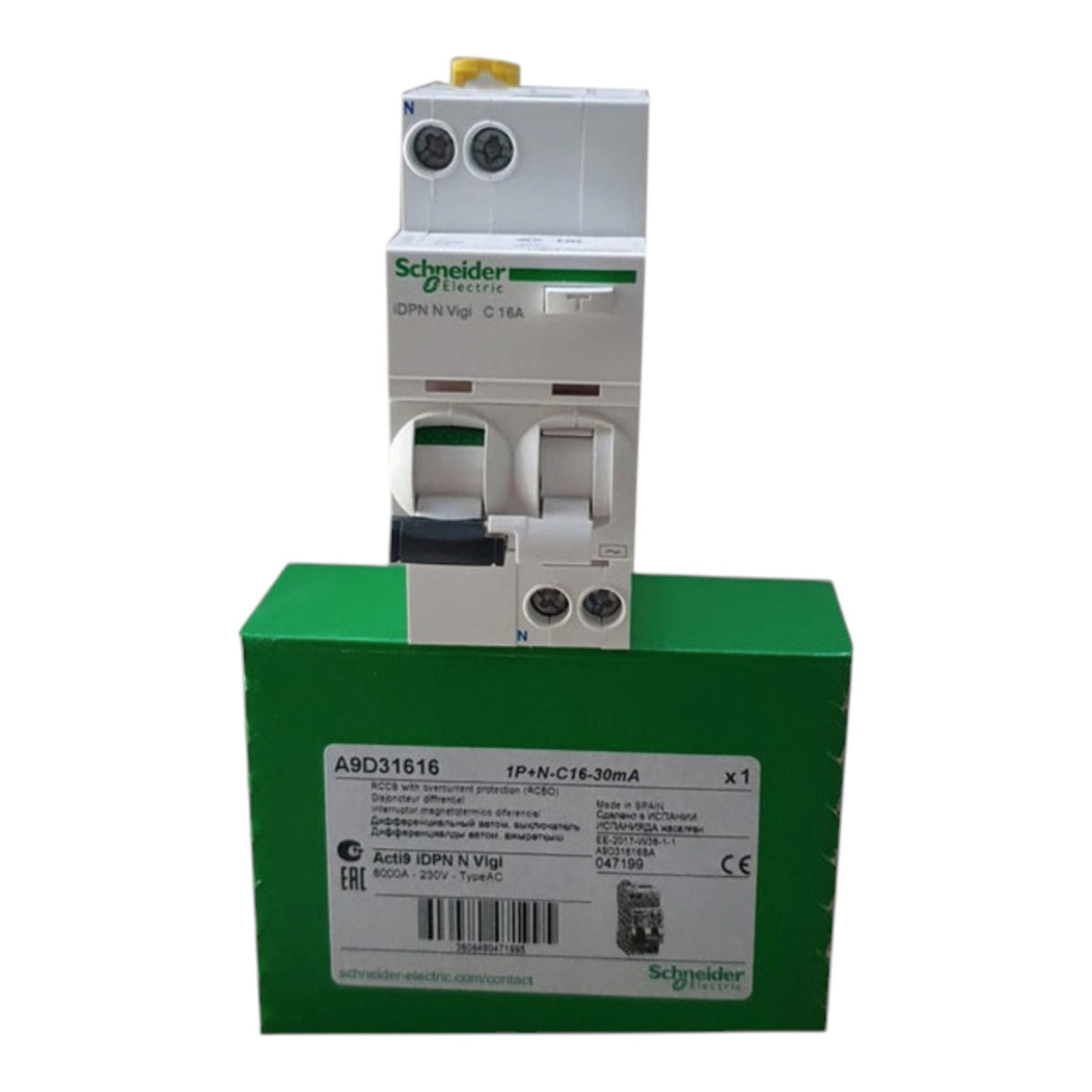 Schneider Electric DPN N Vigi C 16A circuit breaker mounted on top of a green Schneider A50316 electrical module, shown against a plain white background.