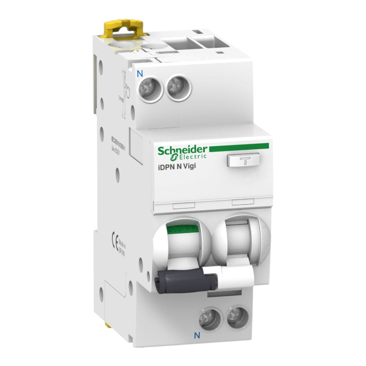 Schneider Electric IDPN N Vigi modular circuit breaker, white plastic housing with green and black details, shown on a plain white background.