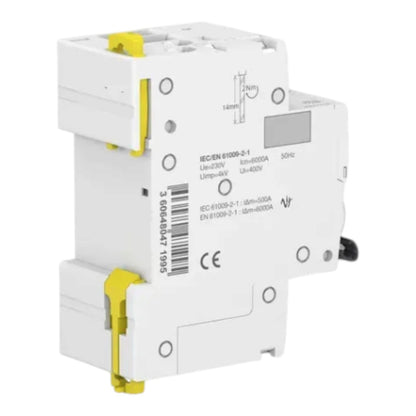 A white electrical circuit breaker module with yellow latch accents, photographed on a plain white background.