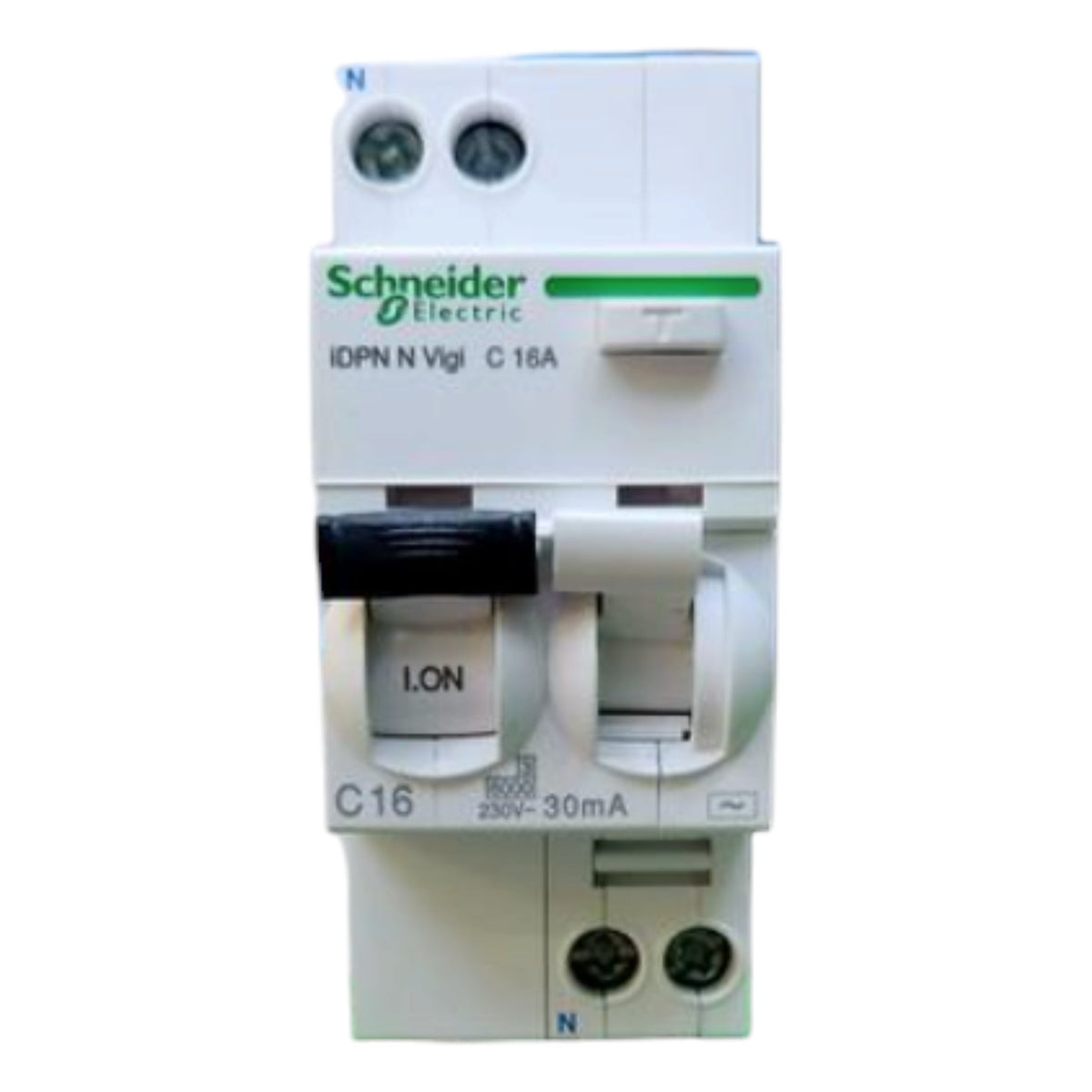 Schneider Electric IDPN N Vigi C 16A modular circuit breaker, white plastic with green brand logo, black switch handle, and terminal connectors on a white background.