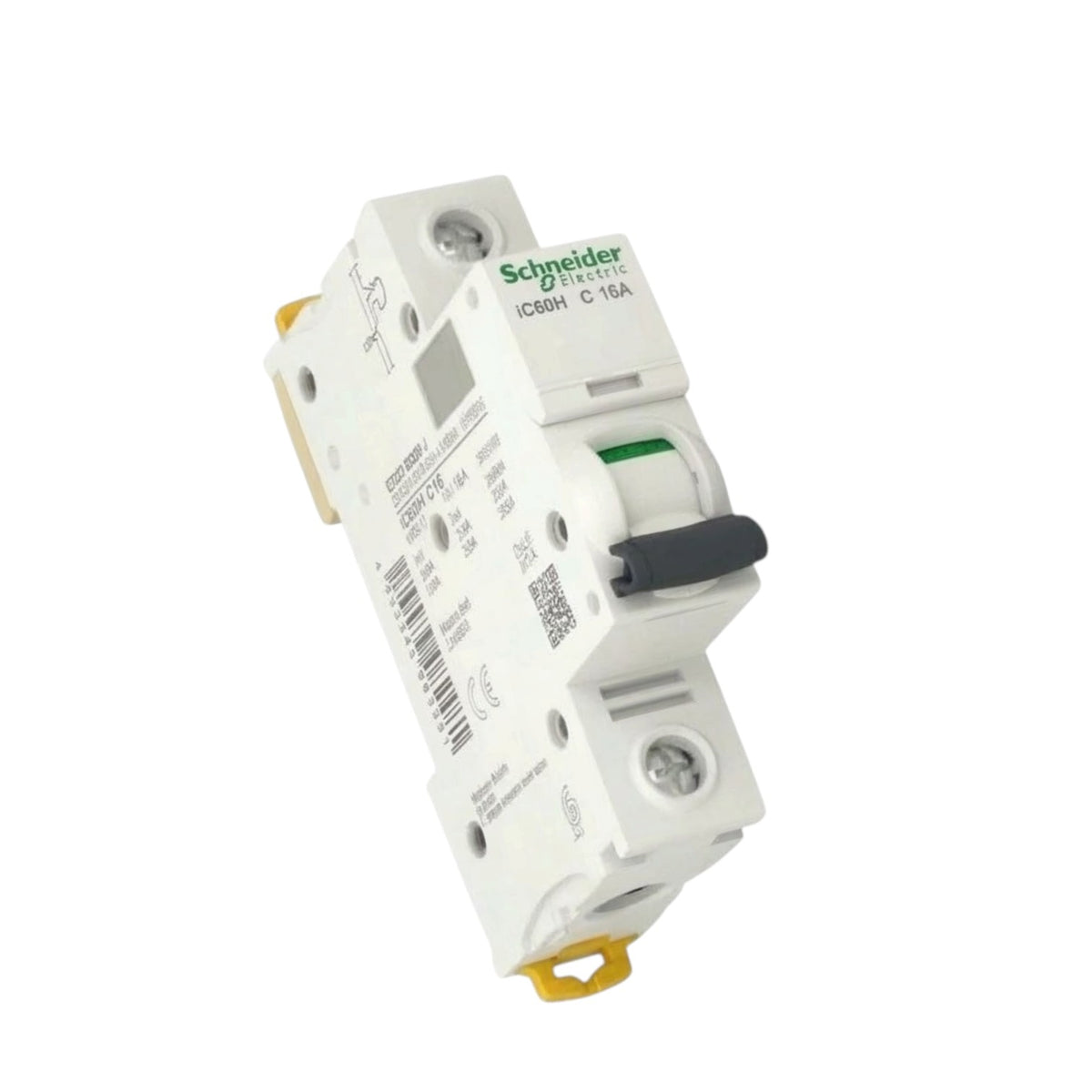 Schneider ICB68H C 16A modular circuit breaker with a white plastic housing, black switch handle, green Schneider logo, and yellow terminal caps, shown on a plain white background.