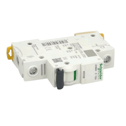 Schneider ICB40 C 16A modular circuit breaker with white plastic housing, yellow terminal caps, a black switch handle, and green brand text on a white background.