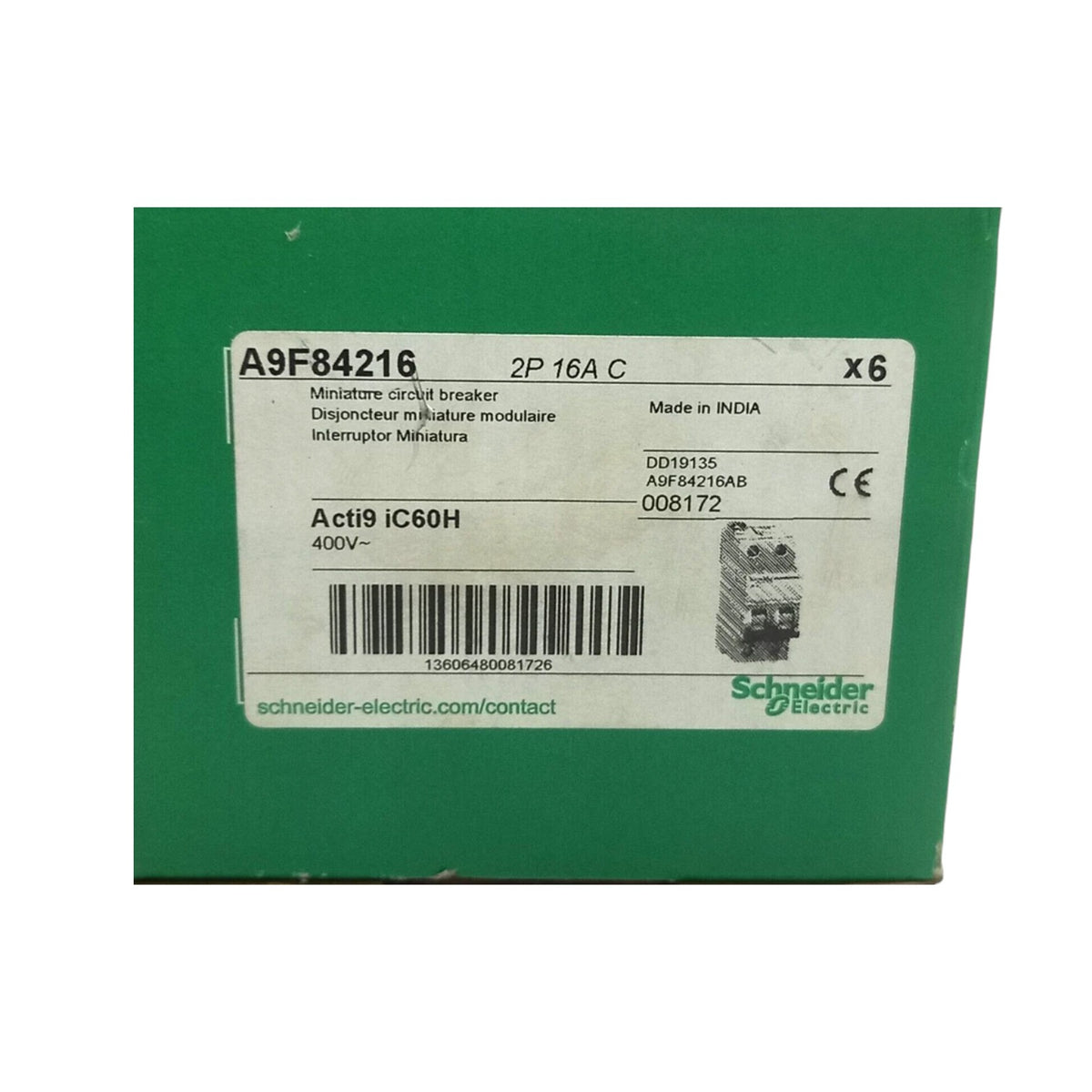Schneider 16A 2 Pole 30KAIC 220V Miniature Circuit Breaker MCB A9F84216 iC60H C 16A IEC/EN 60898-1