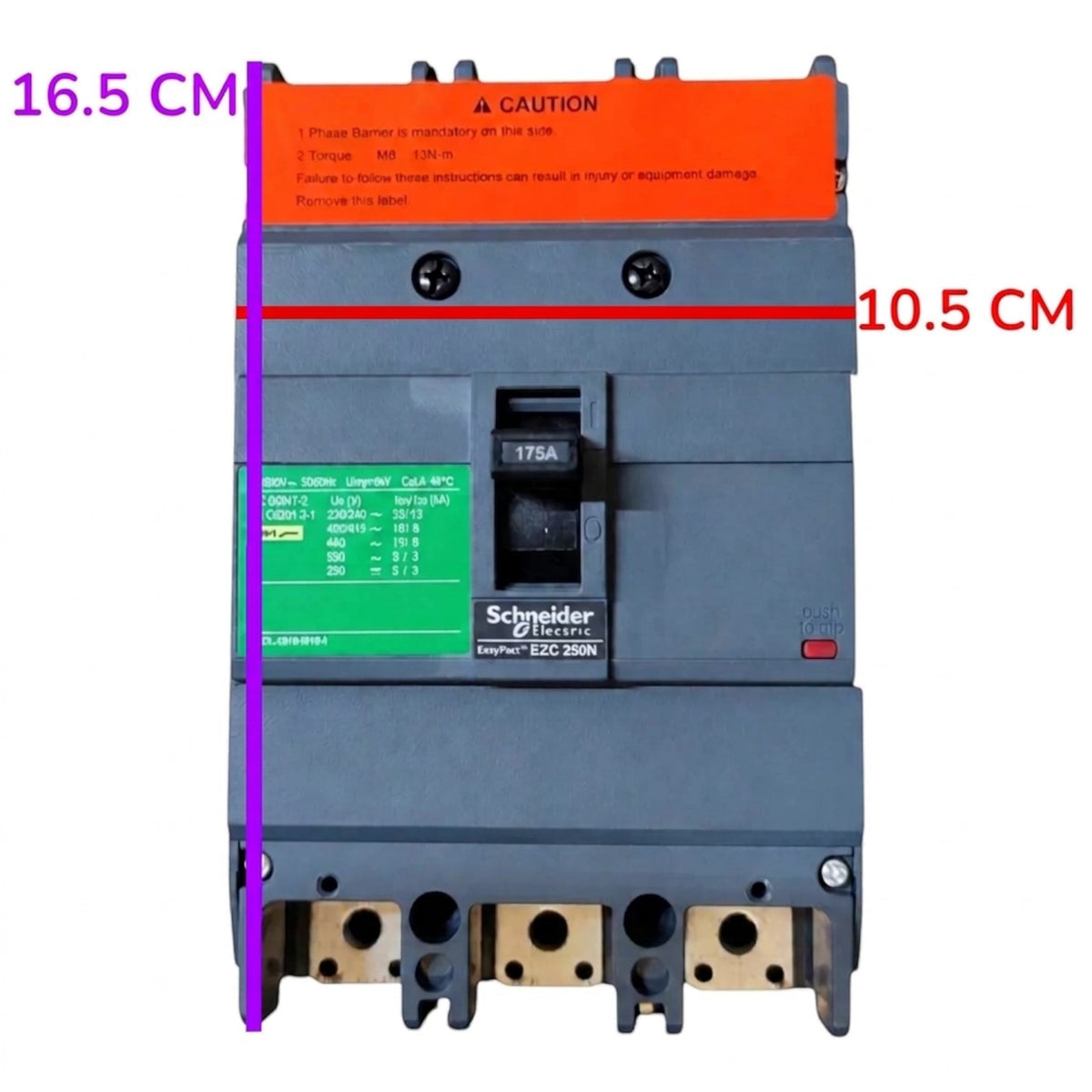 Schneider Electric B20 320A modular circuit breaker with dimension overlays showing 16.5 cm height and 10.
