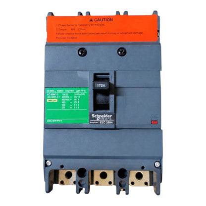 Schneider Electric EBD 250N circuit breaker with a dark gray housing, orange top warning label, green technical specification sticker, and gold-colored terminal blocks at the bottom, shown on a white background.