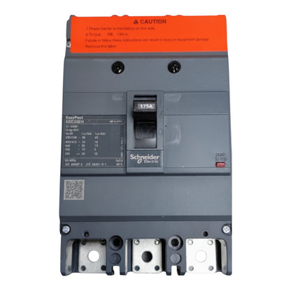 Schneider Electric EasyPart FSC203080 circuit breaker with a gray plastic housing, orange warning label at the top, and a black central handle, shown on a white background.