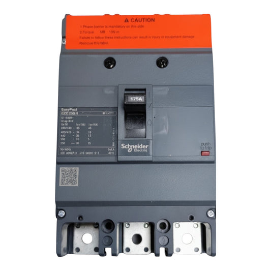 Schneider Electric EasyPart FSC203080 circuit breaker with a gray plastic housing, orange warning label at the top, and a black central handle, shown on a white background.
