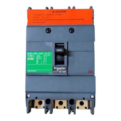 Schneider Electric EBD 250N circuit breaker with a dark gray housing, orange top warning label, green technical specification sticker, and gold-colored terminal blocks at the bottom, shown on a white background.