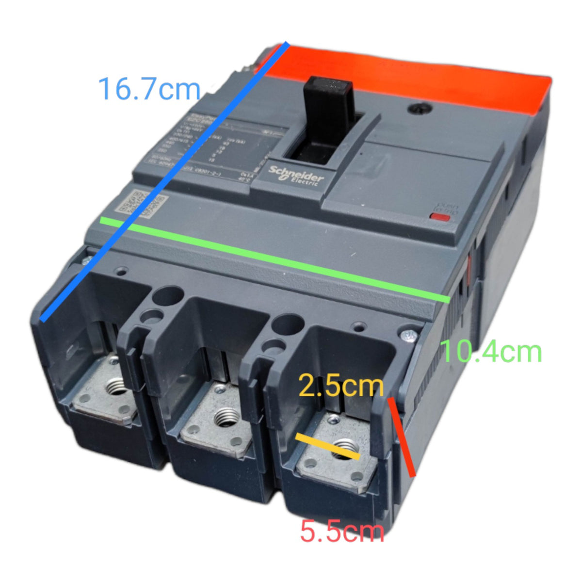 Schneider Electric three-pole circuit breaker with overlaid dimension lines showing measurements in centimeters on a white background.