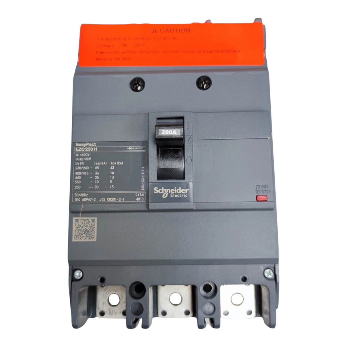 Schneider Electric EmsaPack circuit breaker model EGS200M, featuring a dark gray plastic housing, a black central switch, and a bright orange top cover with printed safety text.