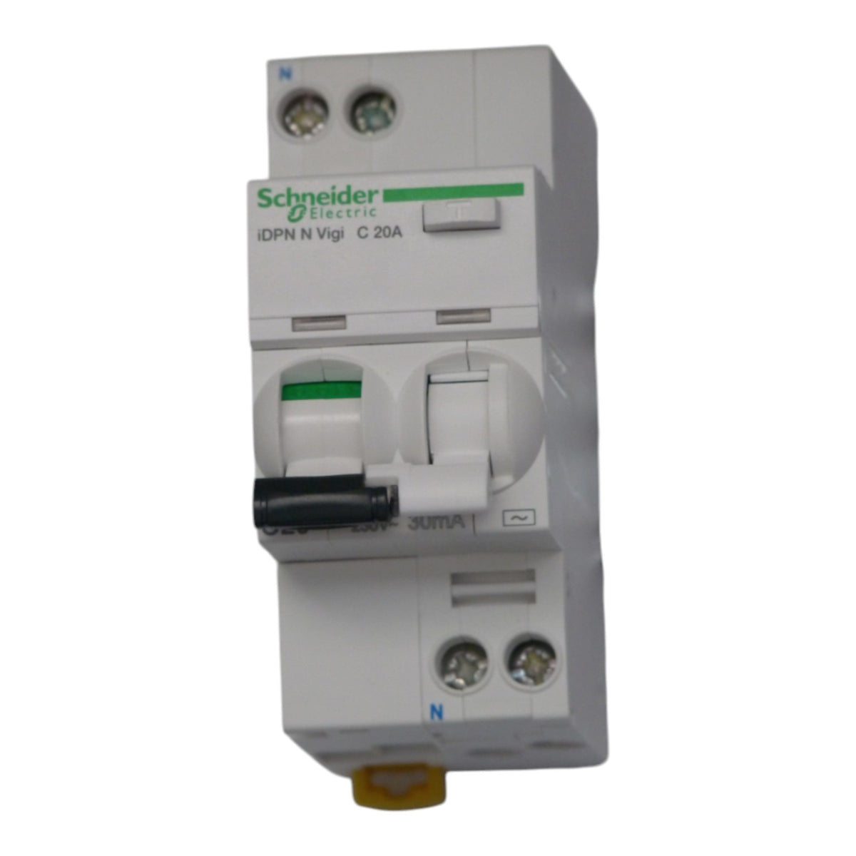 Schneider Electric DPN N Vigi C 20A modular circuit breaker, white plastic housing with green brand logo, black switch handle, and yellow terminal connector at the bottom, isolated on a white background.