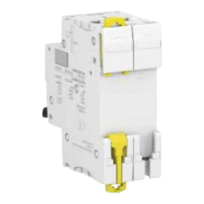 A white electrical circuit breaker module with yellow connector accents, shown on a plain white background.