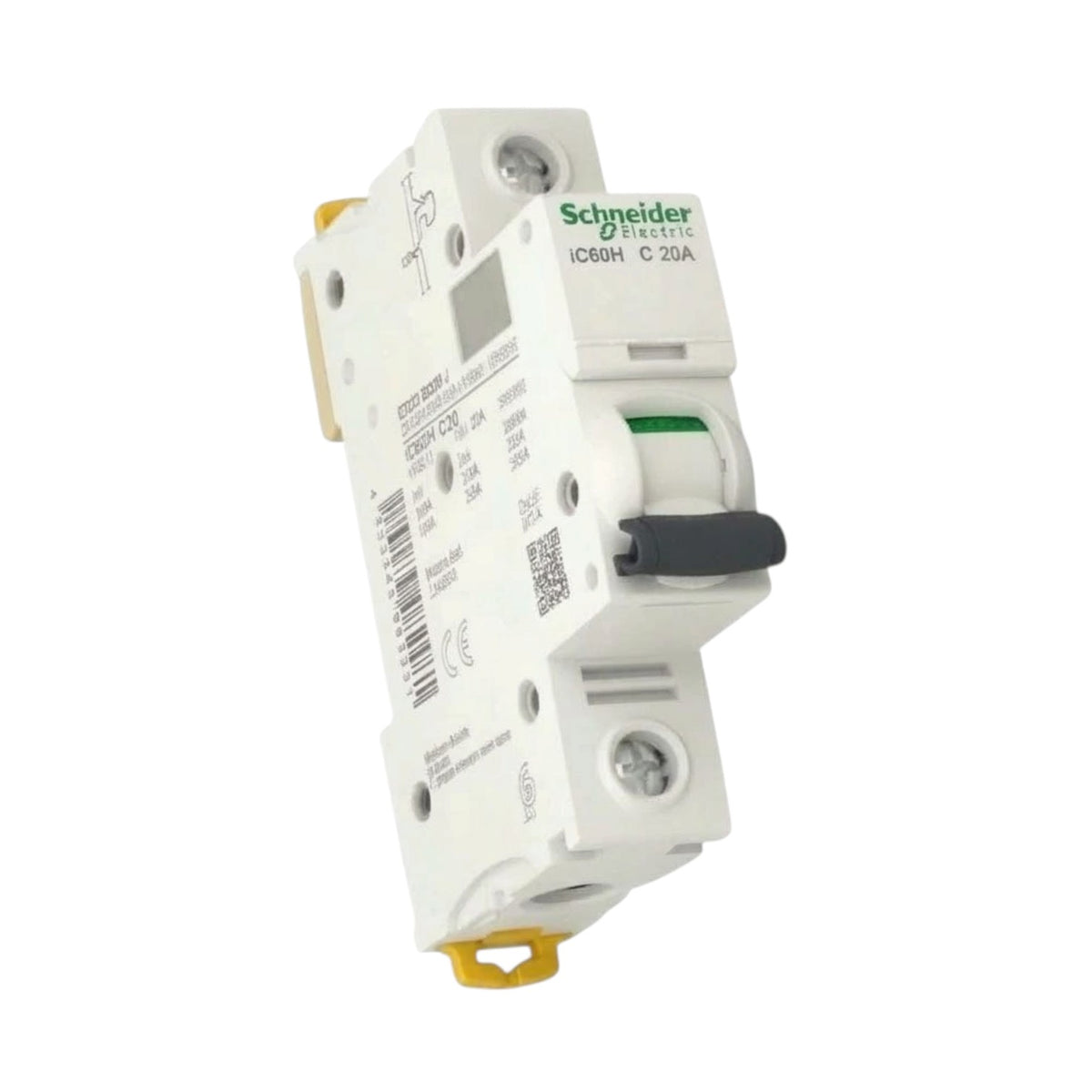 Schneider Electric IDC6H C 20A modular circuit breaker in white plastic with a black switch handle and yellow terminal caps, shown on a white background.